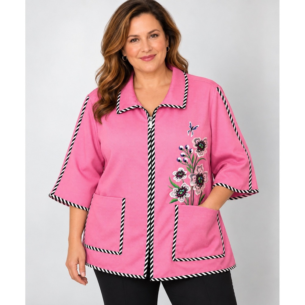 Bob Mackie Wearable Art Pink Floral Embroidered Zip Jacket Striped Trim 1X